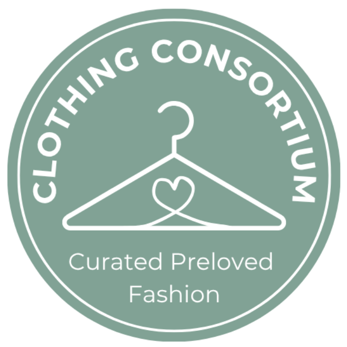 A circular sage green badge with a white hanger icon and the words 'CLOTHING CONSORTIUM' and 'Curated Preloved Fashion' on a white background.